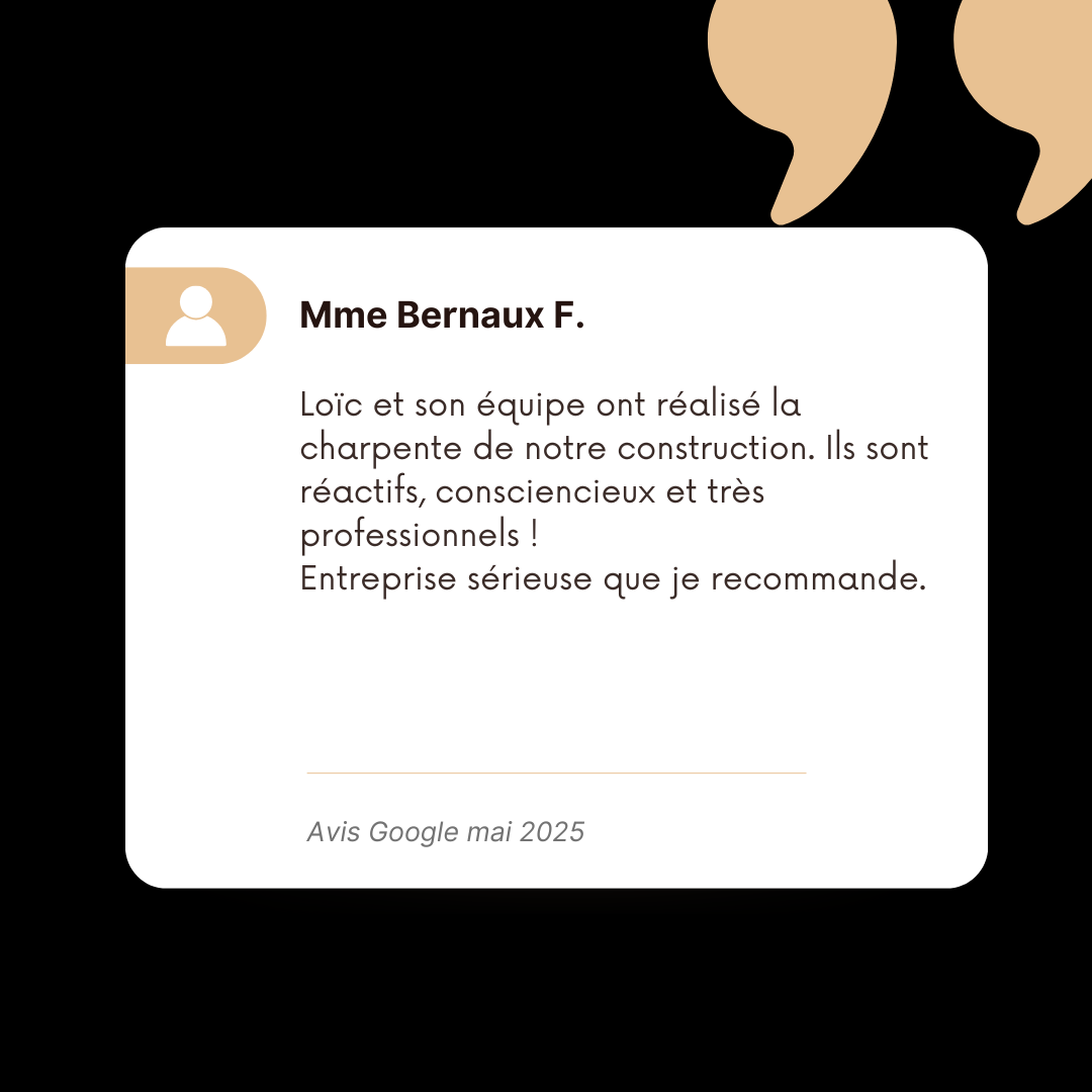 Loïc et son équipe ont réalisé la charpente de notre construction. Ils sont réactifs, consciencieux et très professionnels ! Entreprise sérieuse que je recommande.